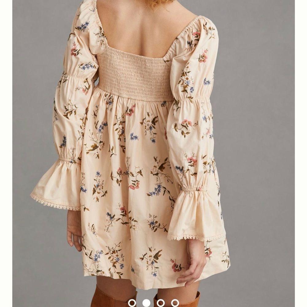 Anthropologie embroidered long sleeve mini floral peasant baby doll dress XS - Picture 3 of 15